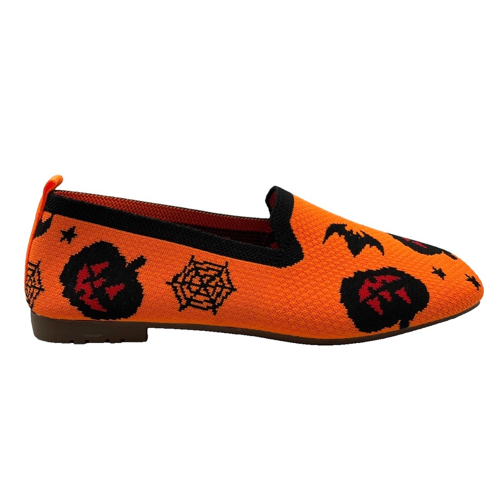 Halloween Orange Knit Loafers Flats Pumpkin Bat Spiderweb Shoes Size 40